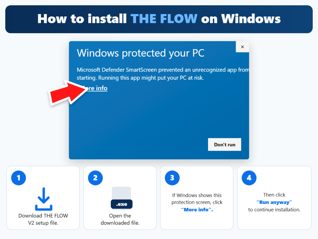 Windows SmartScreen: More info, then Run anyway